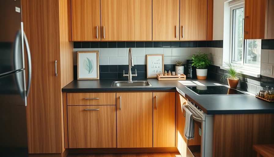 Rental kitchen makeover before shot with wooden cabinets and black counter.
