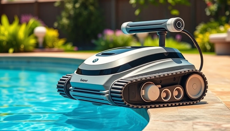 Robotic pool cleaners by the pool, sunny background