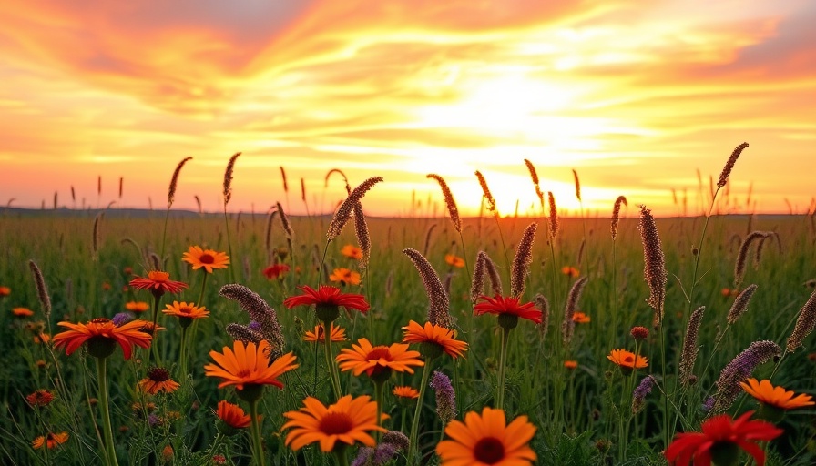 Restored prairie garden at sunset with wildflowers and vibrant sky.