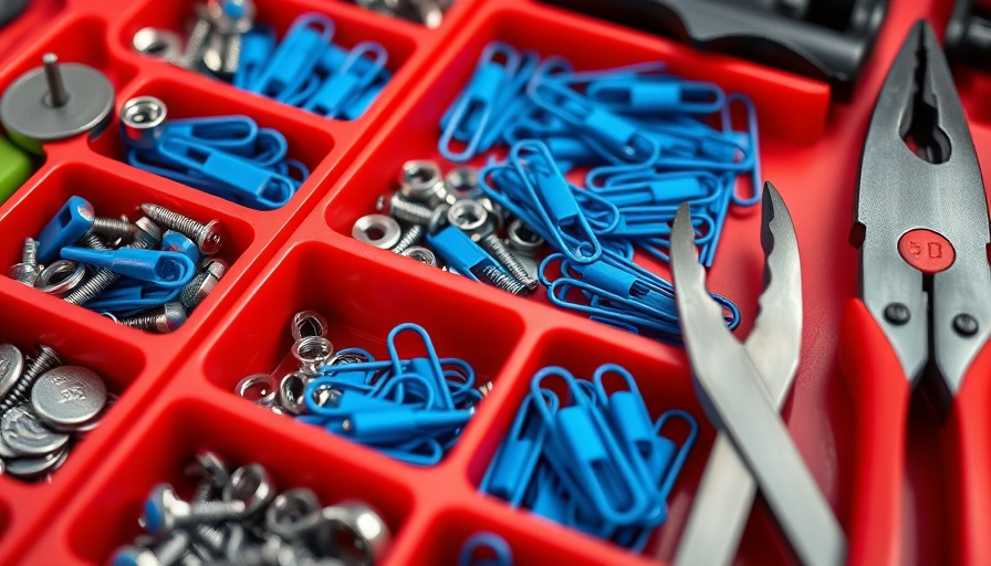 Assorted tools and paper clips in red toolbox compartments for paper clip hacks.