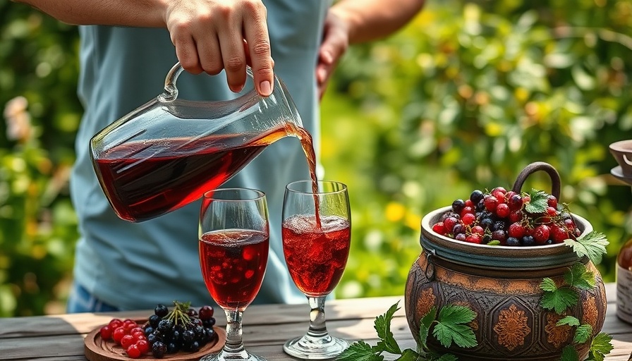 Homemade currant wine being poured outdoors with fresh currants.