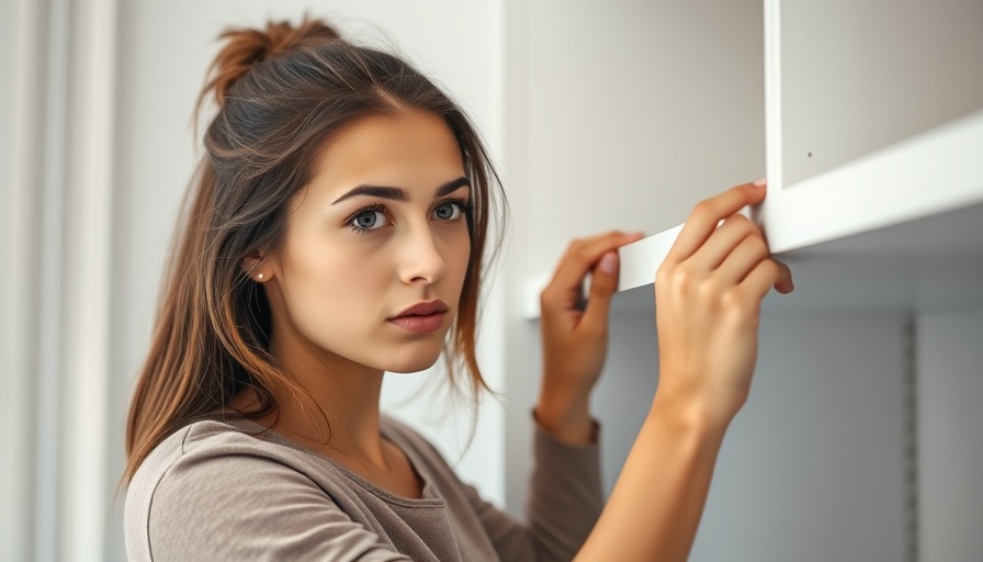 Woman installing DIY closet shelves, striped shirt, focused expression.