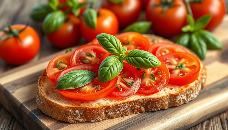 Sliced tomato bruschetta recipe with fresh basil.