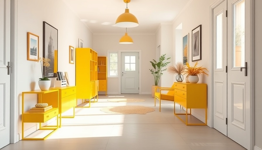 Stylish hallway with Swedish design elements in vibrant yellow.