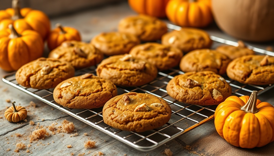 Pumpkin cookies cooling on a rack with sugar and pumpkins.