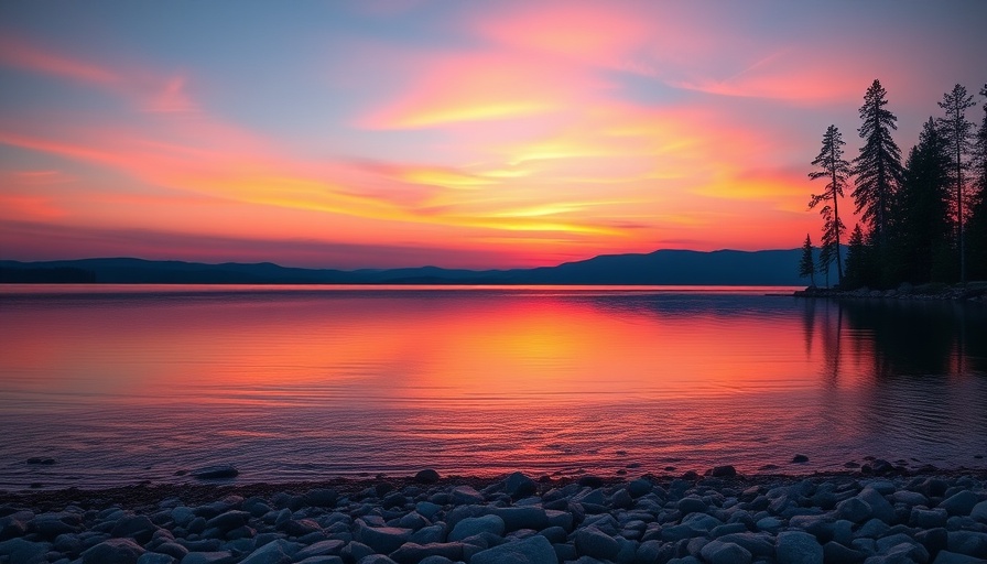 Tranquil sunset over calm lake with rocky shore reflection.