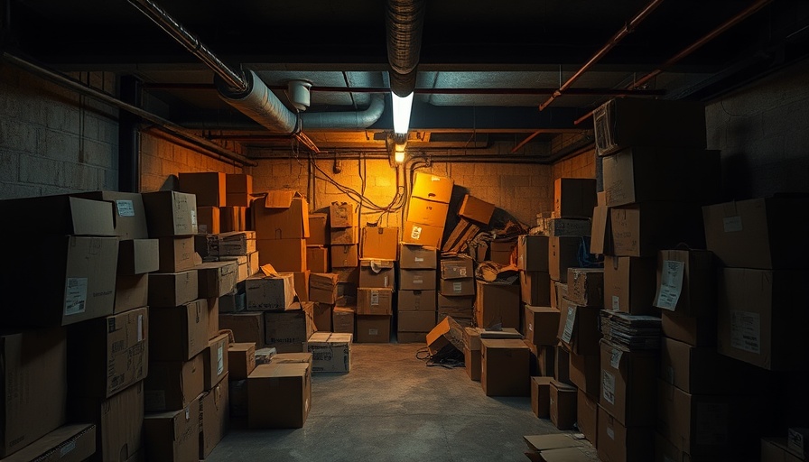 Cluttered basement hints at musty smell with scattered boxes.