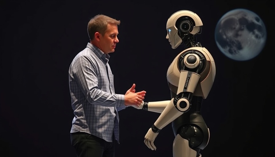 Humanoid robot and man on stage symbolizing AI job loss.