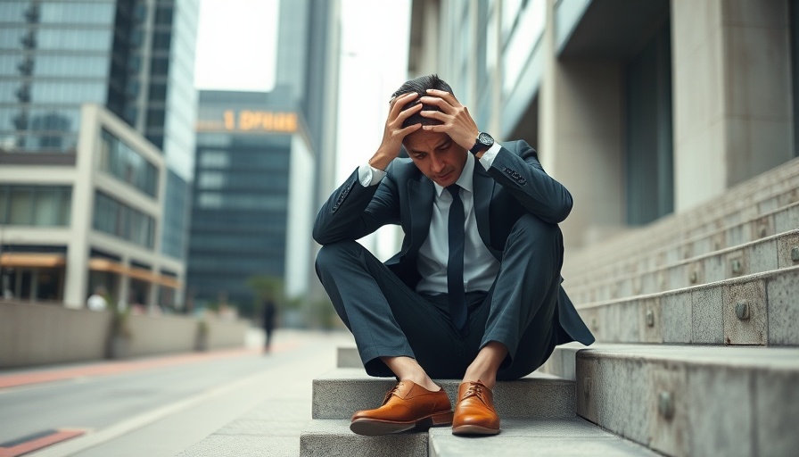 Distressed businessman sitting on steps, depicting ai job losses.