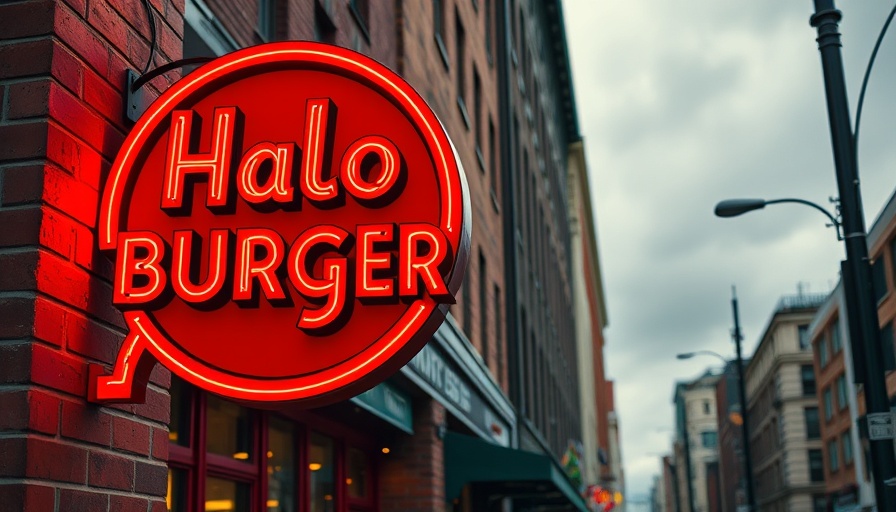 Halo Burger sign on brick building with cloudy sky