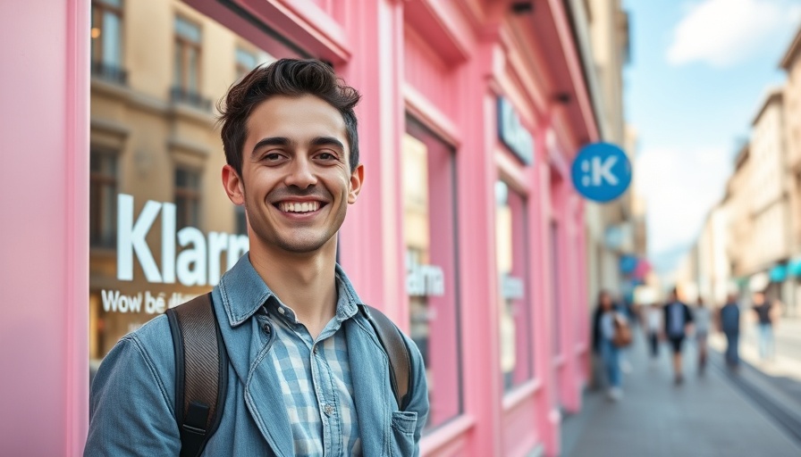 Young man smiling outside Klarna storefront amid ai job cuts