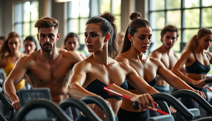 Group workout session in modern gym, highlighting fitness focus.