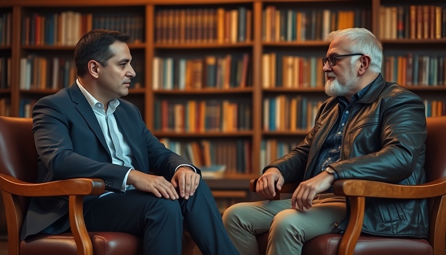 Men discussing AI job cuts in a library setting.