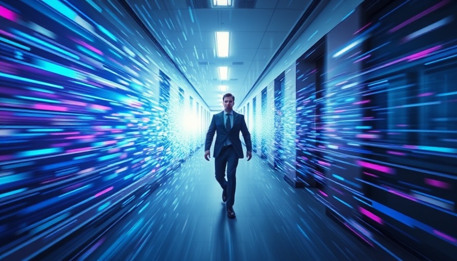 Man walking through digital waves symbolizing AI job cuts.