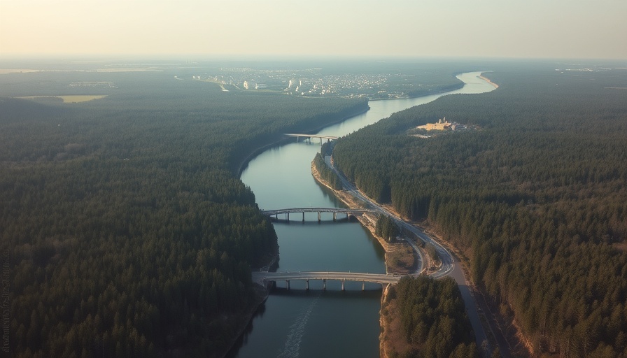 Aerial view of Iroquois Falls logistics hub with river and town.
