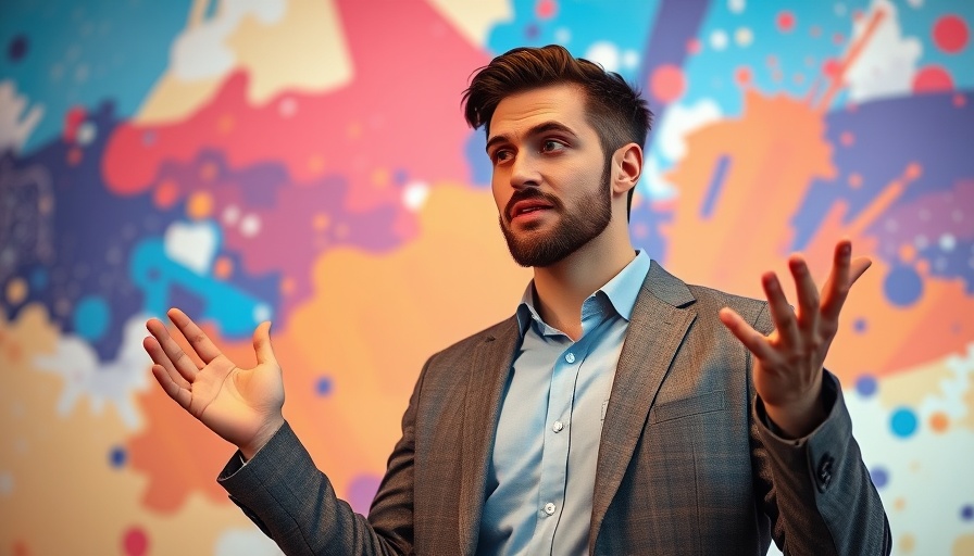 Confident man gesturing during talk in front of colorful background, Mark Cuban Email Management Strategy.