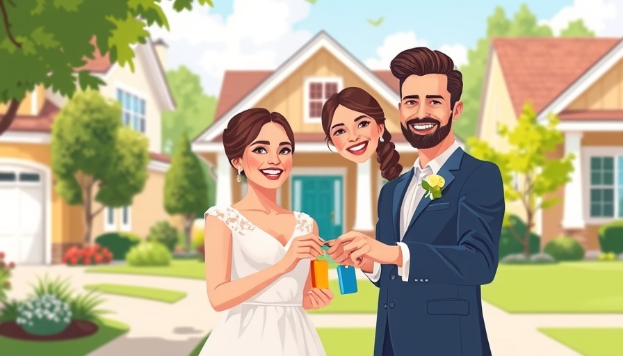 Stylized illustration of newlyweds buying a home.