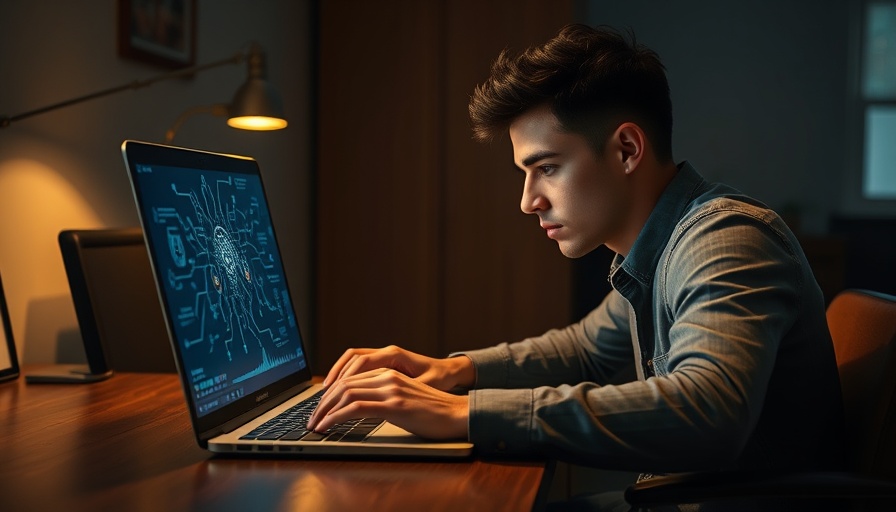 Young man on laptop with AI interface, focused, soft lighting.