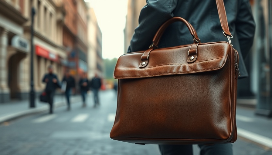 Close-up of a leather briefcase being carried, urban setting.
