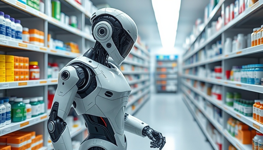 Futuristic humanoid robot in pharmacy highlighting AI job cuts, with colorful medicine boxes.