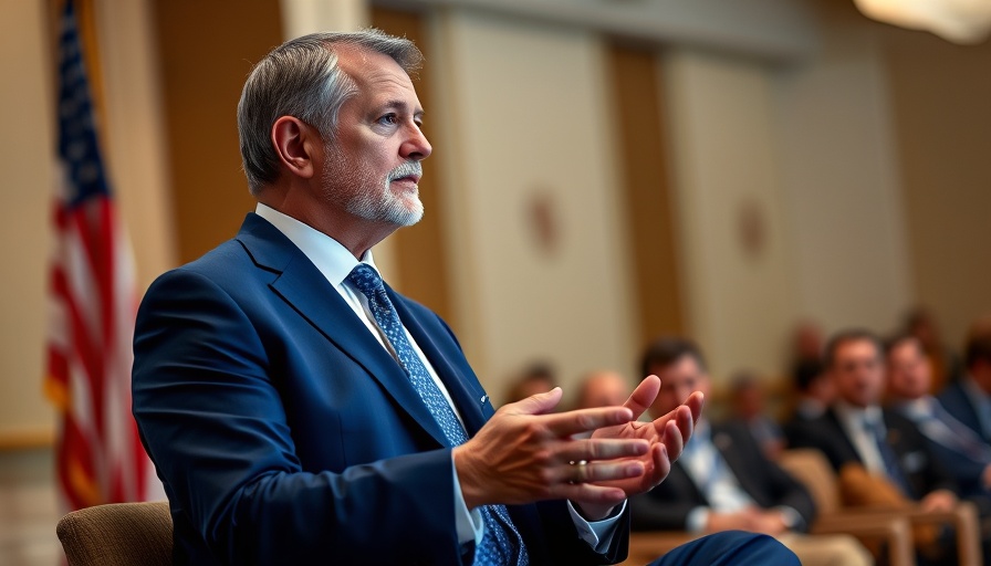 Professional discussing AI job cuts at conference.