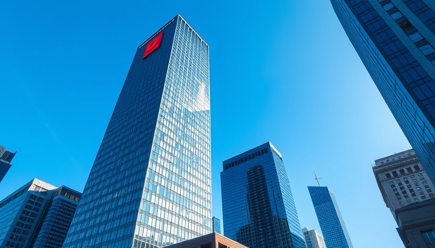 Corporate building representing ai job cuts, clear sky above.