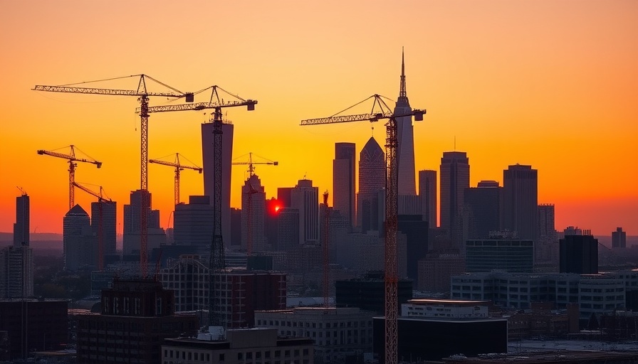 Cleveland skyline at sunset with cranes, symbolizing job creation.