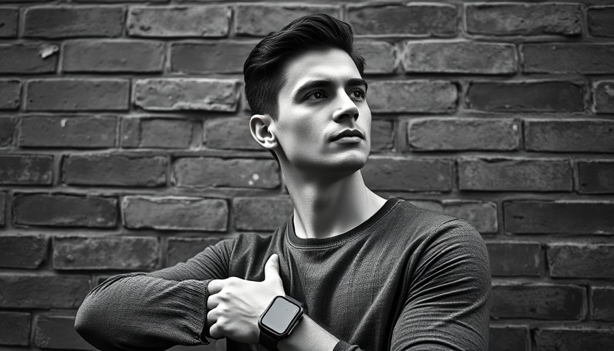 Confident young man with smartwatch in monochrome against brick wall