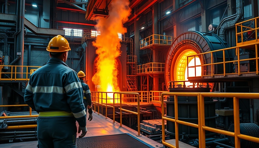 Industrial scene of steel plant with molten metal and workers in protective gear.