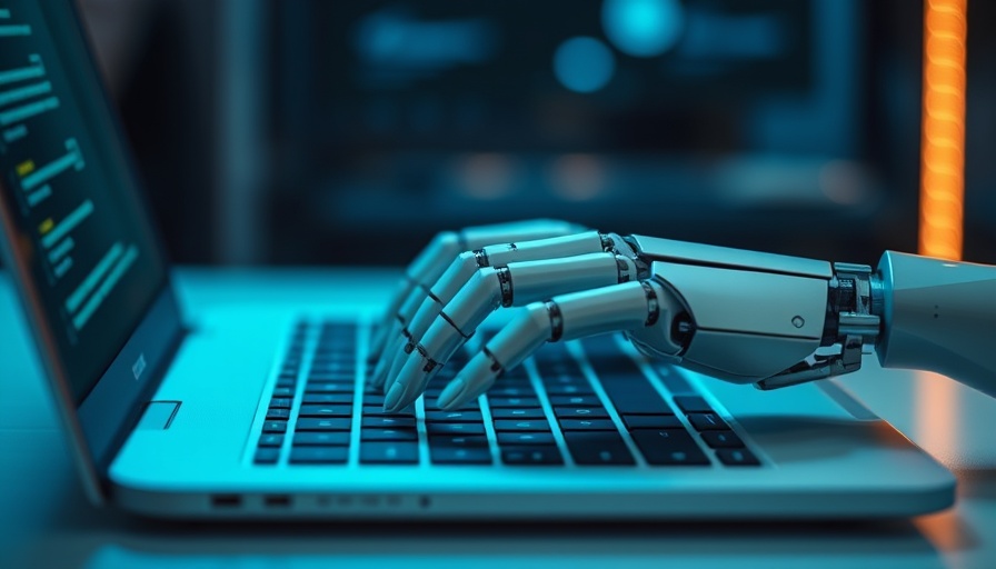 Robotic hand typing on keyboard, AI job interviews tips, futuristic tech.