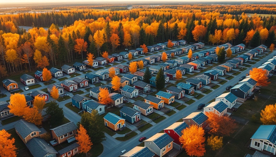 Aerial view of net-zero tiny home community in Ontario surrounded by fall foliage.