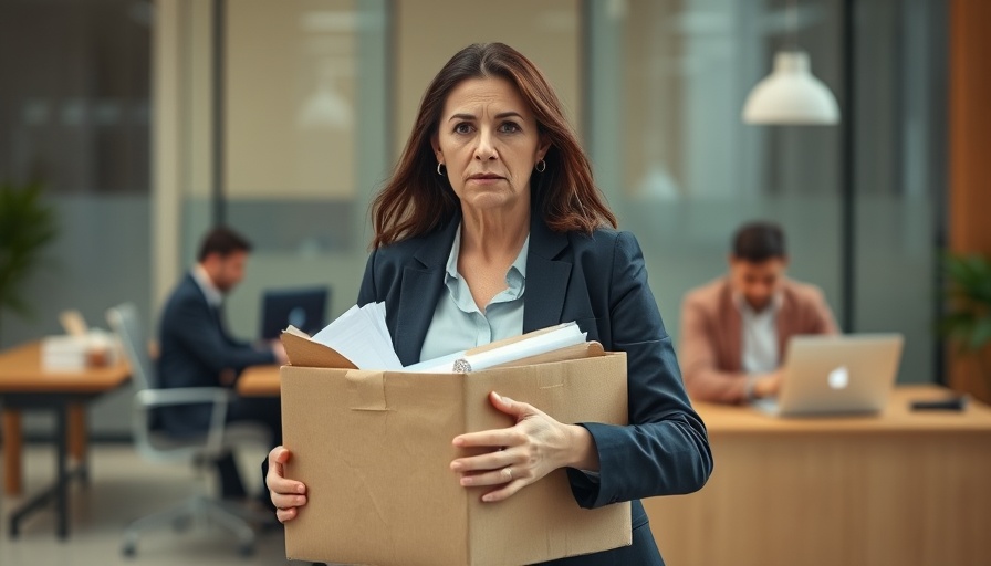 AI job cuts image of woman leaving office with packed box.