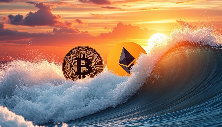 Bitcoin and Ethereum coins surfing ocean waves in sunrise, financial growth.