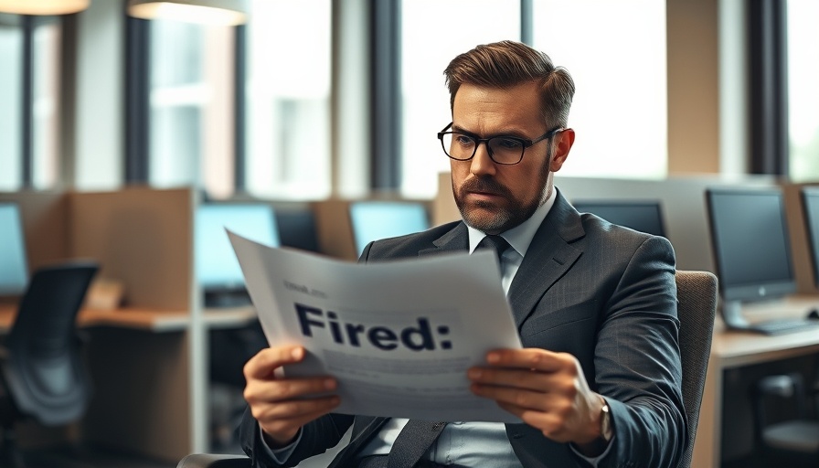 Man in office holding 'fired' letter, reflecting AI job cuts.