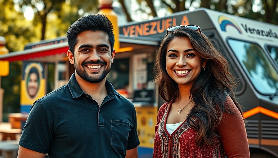 Venezuelan entrepreneurs smiling in front of their arepas food truck.