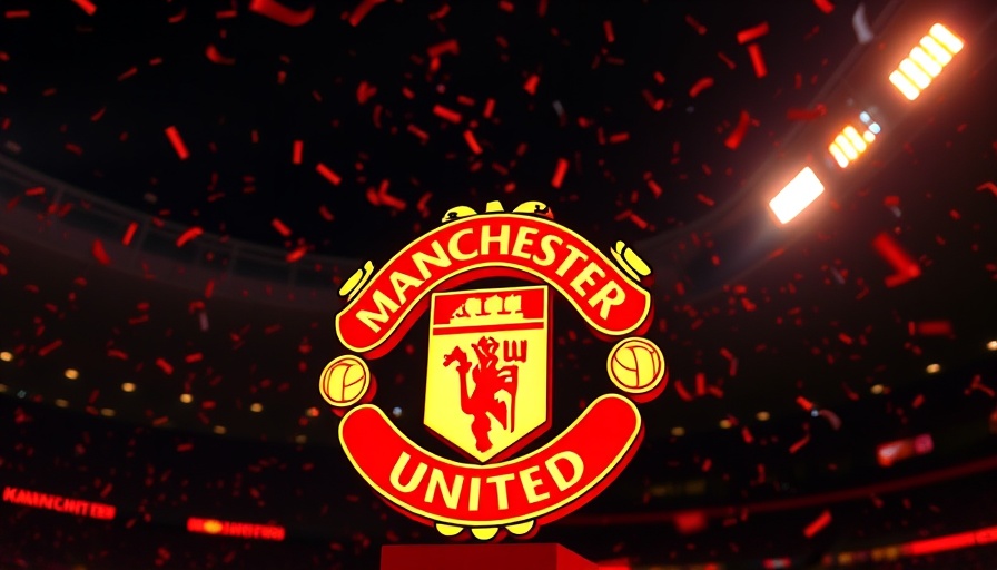 Glowing Manchester United emblem under stadium lights.