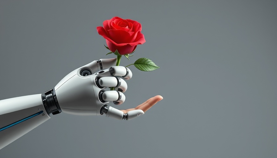 Human hand reaching for a red rose from AI robotic hand.
