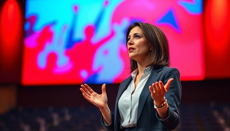 Professional woman discussing AI job loss on stage.