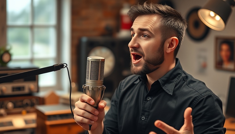 Speaker with vintage mic in retro studio, illustrating community growth.