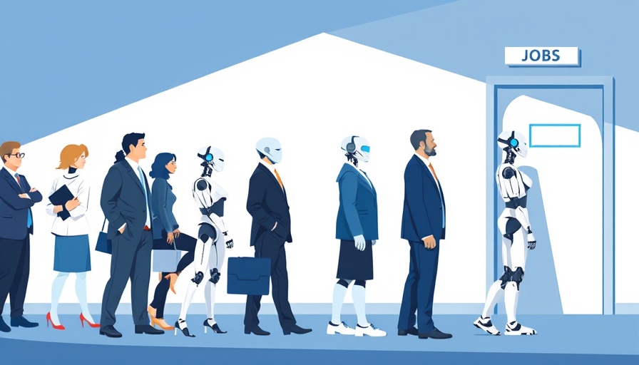 AI job cuts illustrated with humans and robots in job queue.