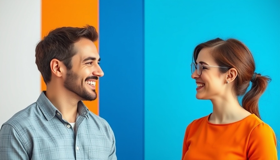 AI job loss discussion: smiling man and woman on colorful backdrop.