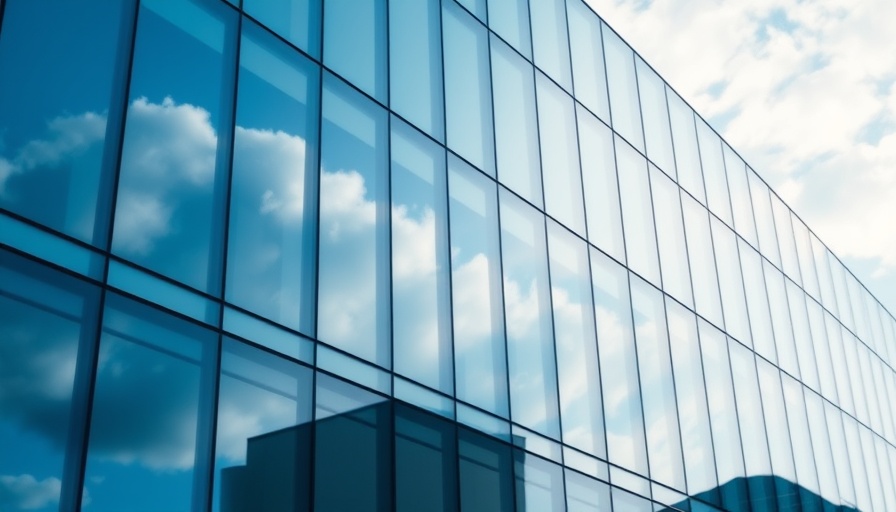 Reflective corporate office building with logo, AI job cuts concept.