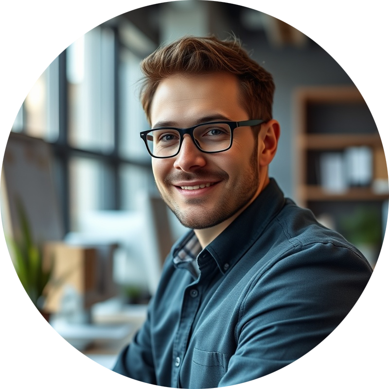 Photo realistic male in office, friendly face, head and shoulder shot.