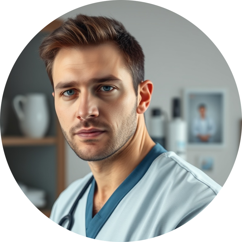 Photo realistic male in medical office, head and shoulders view, facing camera.