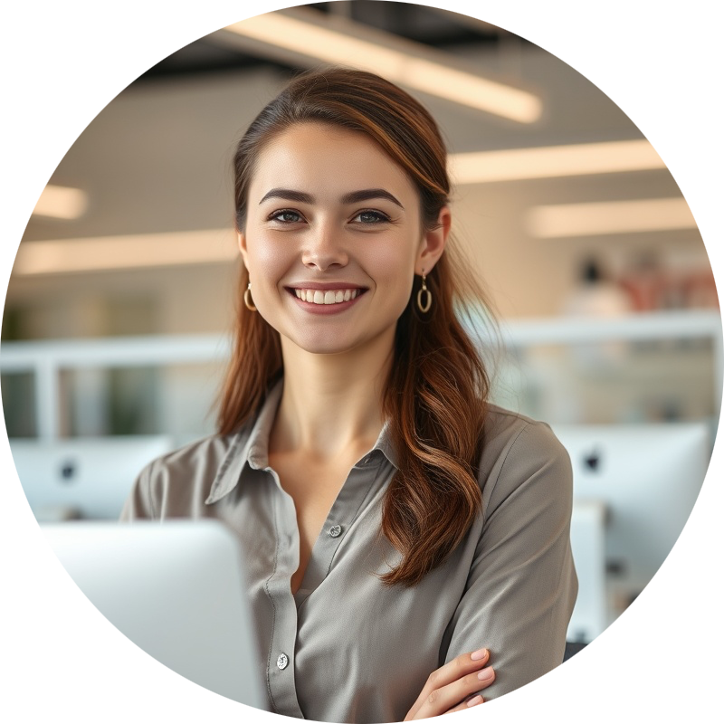 Photo realistic portrait of a friendly female in an office setting, shoulder to head.