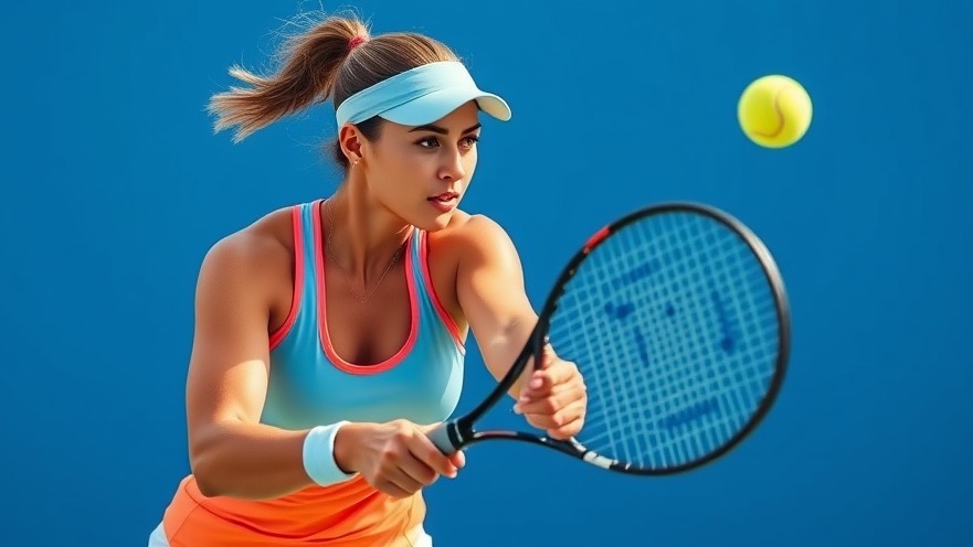 Athletic woman demonstrating tennis serve technique with fluid toss mechanics against a bright blue background.
