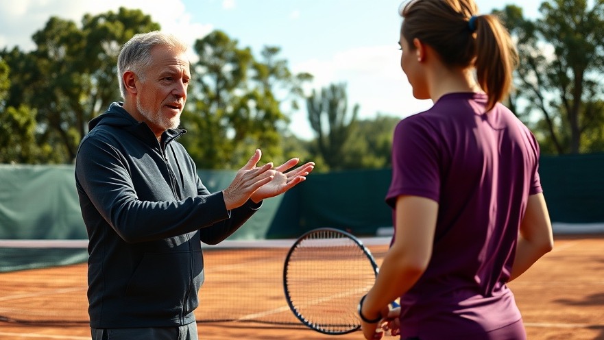 Tennis coach demonstrating training drills for tennis consistency techniques under clear skies.