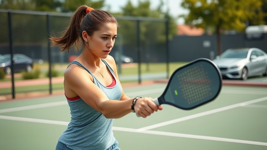 Focused athletic woman performing a tweener shot, showcasing pickleball techniques.
