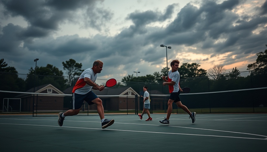 Energetic pickleball players in action on an outdoor court.
