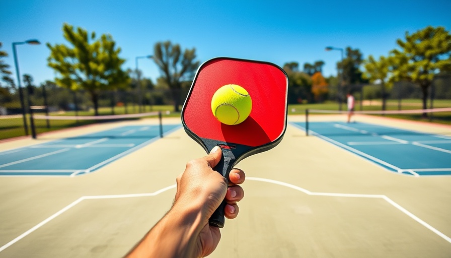 First-person shot playing pickleball with neon green ball on court.